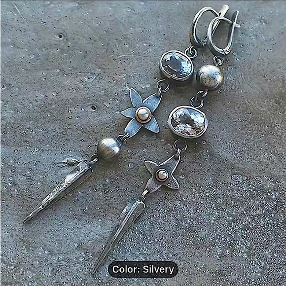 Vintage Irregular Boho Earrings, Geometric, Handmade, Silver, - Picture 6 of 6